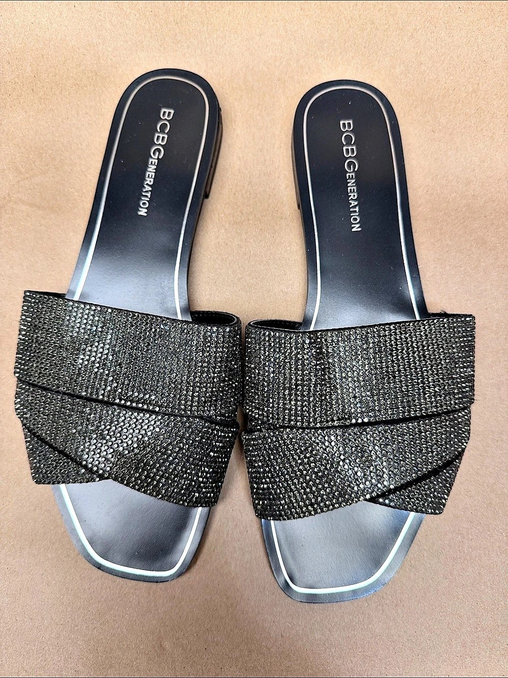 BCBGeneration Kandace Black & Silver Slide Sandals US 8.5